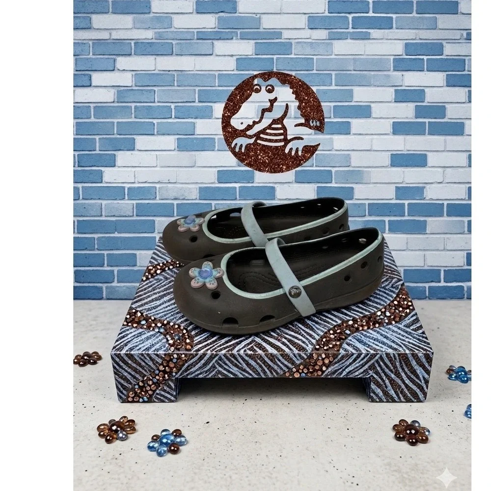 Crocs Mary Jane 💙Brown Blue‎ Flower Jibbitz Girls Youth Size 12 Clog Shoes